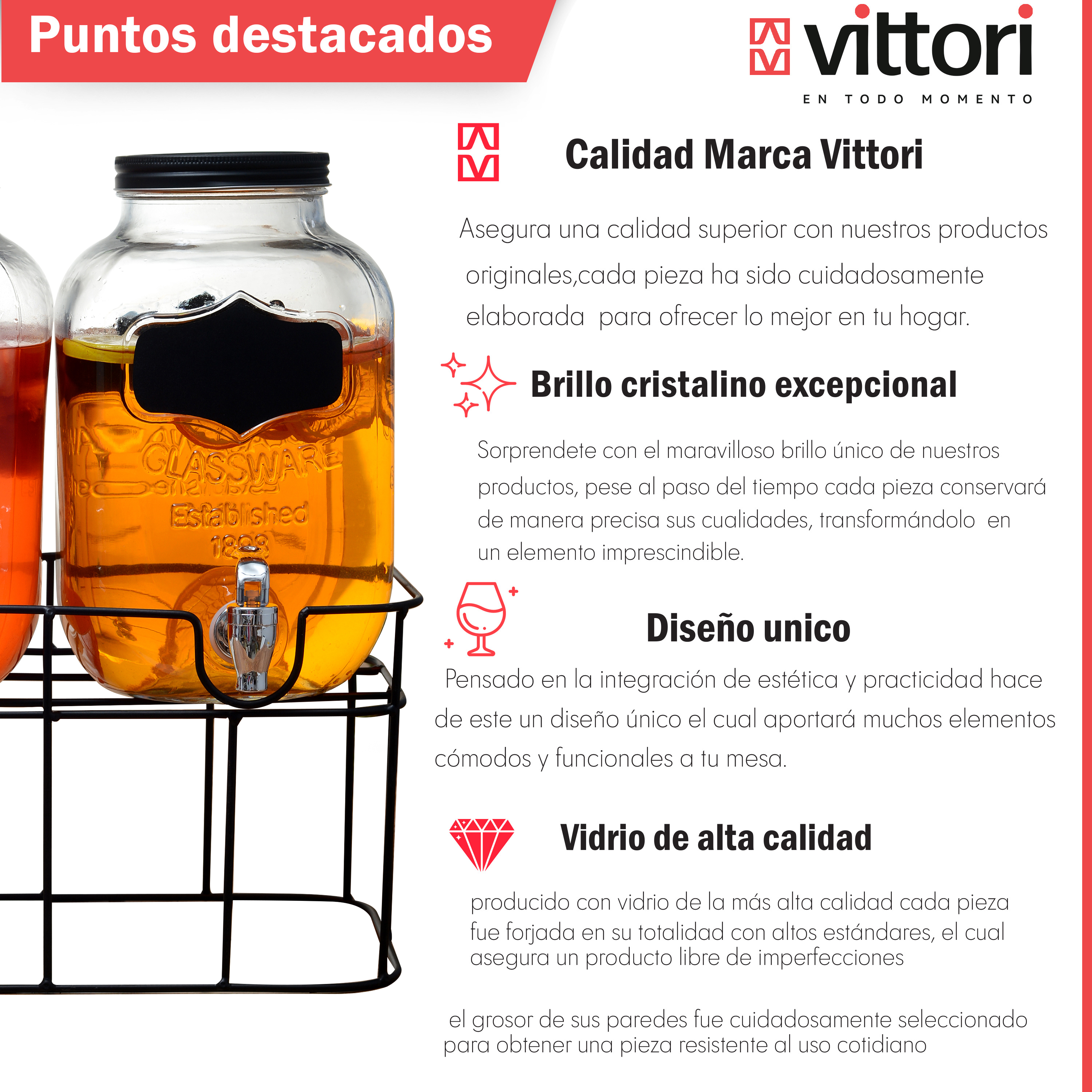 Foto 5 pulgar | Dispensador De Agua De Vidrio Vittori 5 Litros 2 Piezas