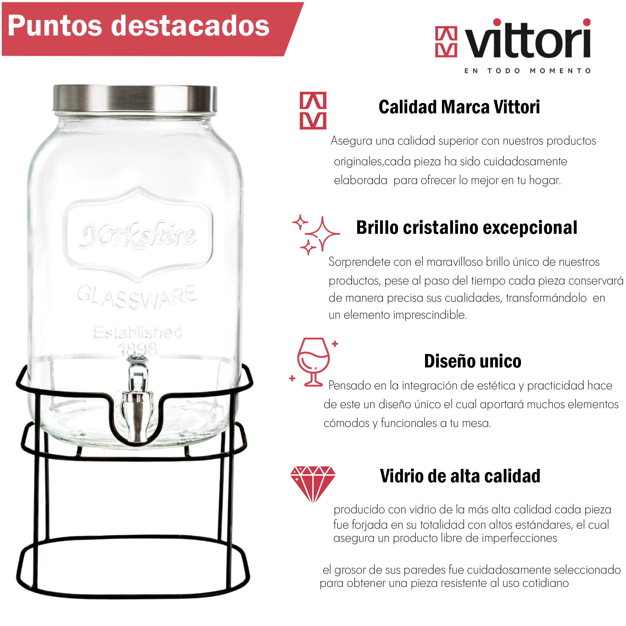 Foto 4 pulgar | Dispensador De Agua De Vidrio Vittori 5.1litros  4 Piezas Con Base