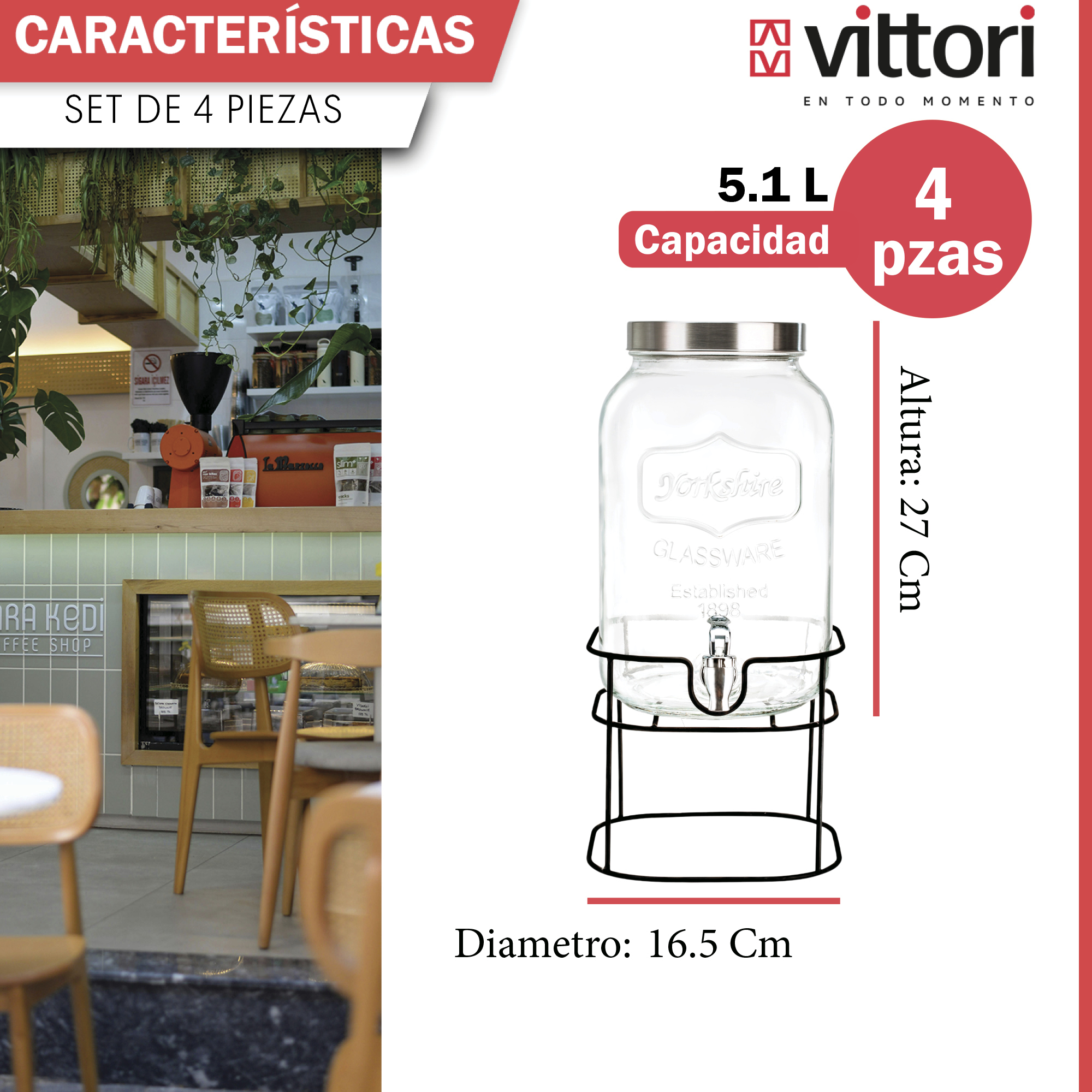 Foto 5 pulgar | Dispensador De Agua De Vidrio Vittori 5.1litros  4 Piezas Con Base