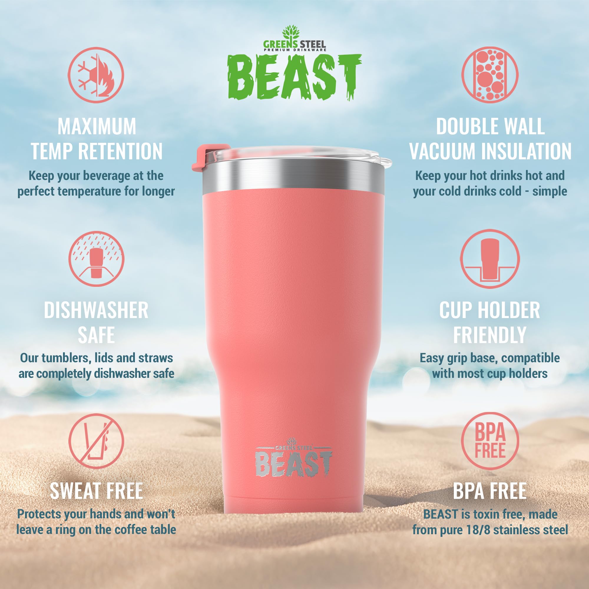 Foto 7 pulgar | Tumbler Greens Steel Beast  Acero Inoxidable  900 Ml  Aislante Al Vacío - Venta Internacional.