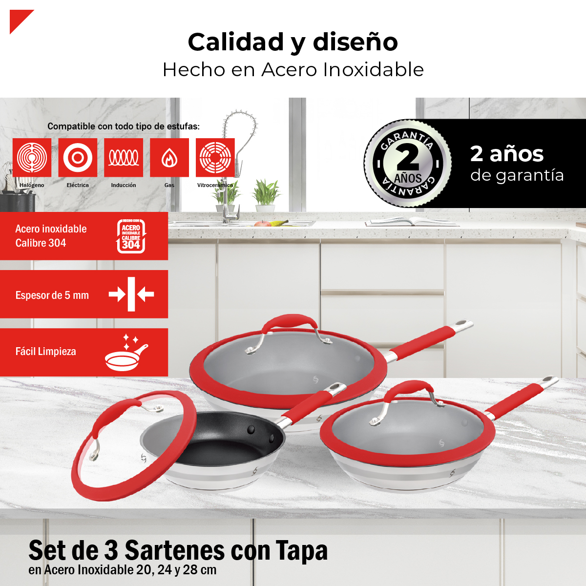 Foto 3 | Bogner Set De 3 Sartenes De Acero Inoxidable Con Recubrimiento Antiadherente Bfpr06