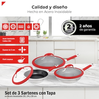 Foto 3 | Bogner Set De 3 Sartenes De Acero Inoxidable Con Recubrimiento Antiadherente Bfpr06