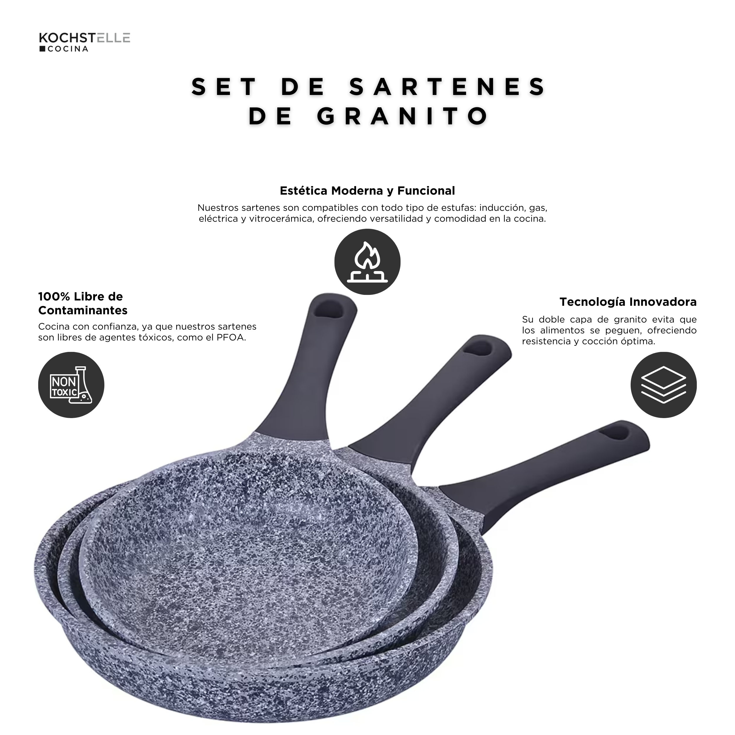 Foto 7 pulgar | KOCHSTELLE Set de Sartenes de Granito Color Negro Antiadherente de 3 piezas