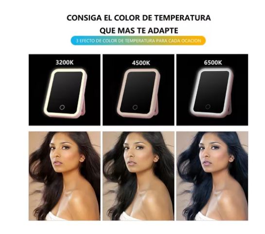 Foto 3 pulgar | Espejo Maquillaje Led 3 Tonos Brillo Portátil Recargable Rosa