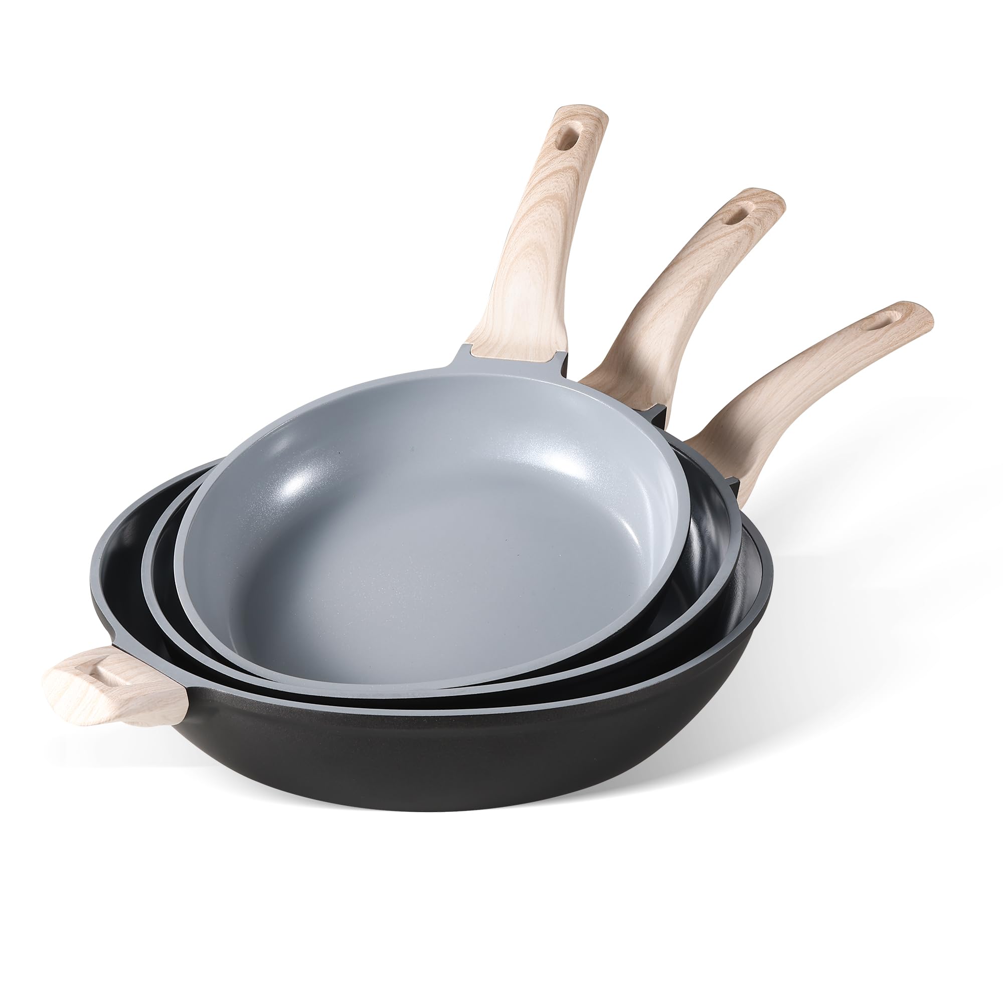 Juego De Sartenes Carote De Cerámica Antiadherente De 24 Cm/28 Cm/32 Cm, Color Negro - Venta Internacional.