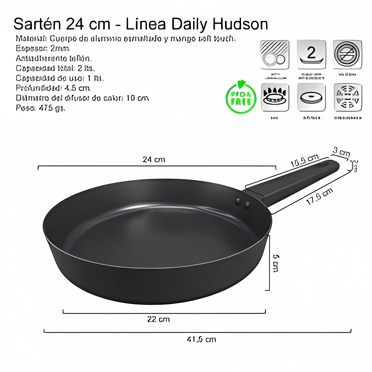 Foto 2 | Sarten Hudson 24cm Aluminio Antiadherente Mango Soft Touch