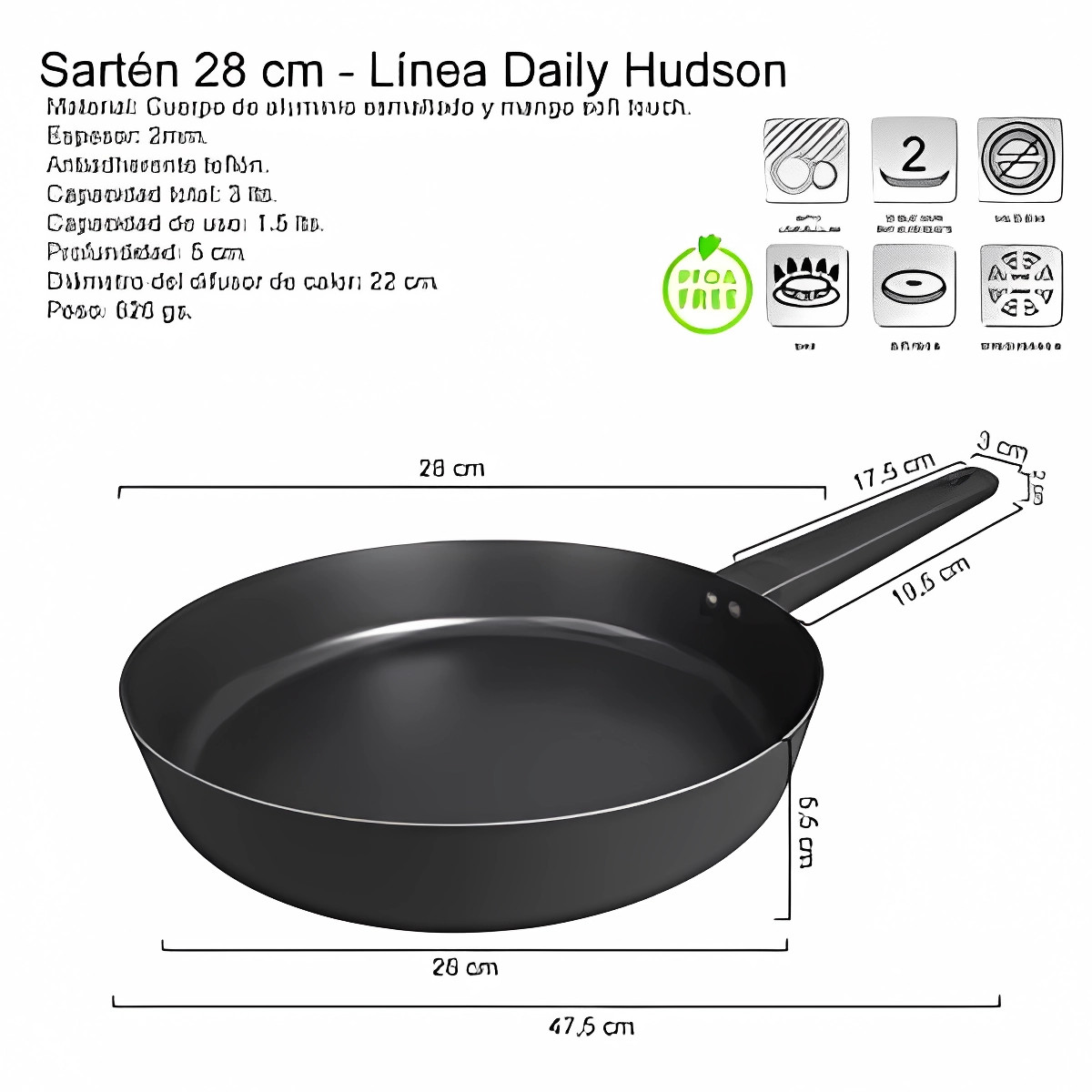 Foto 2 | Sarten Hudson 28cm Aluminio Antiadherente Mango Soft Touch