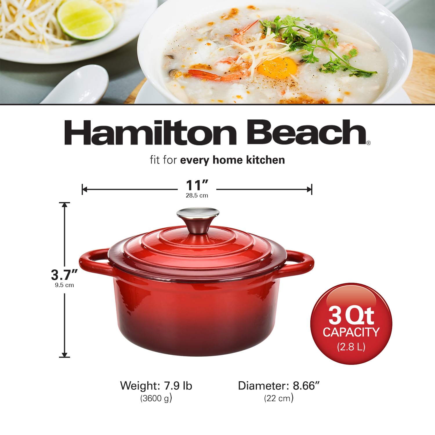 Foto 6 | Venta Internacional - Horno Holandés Hamilton Beach De Hierro Fundido Esmaltado, 3 Litros, Rojo Con Tapa