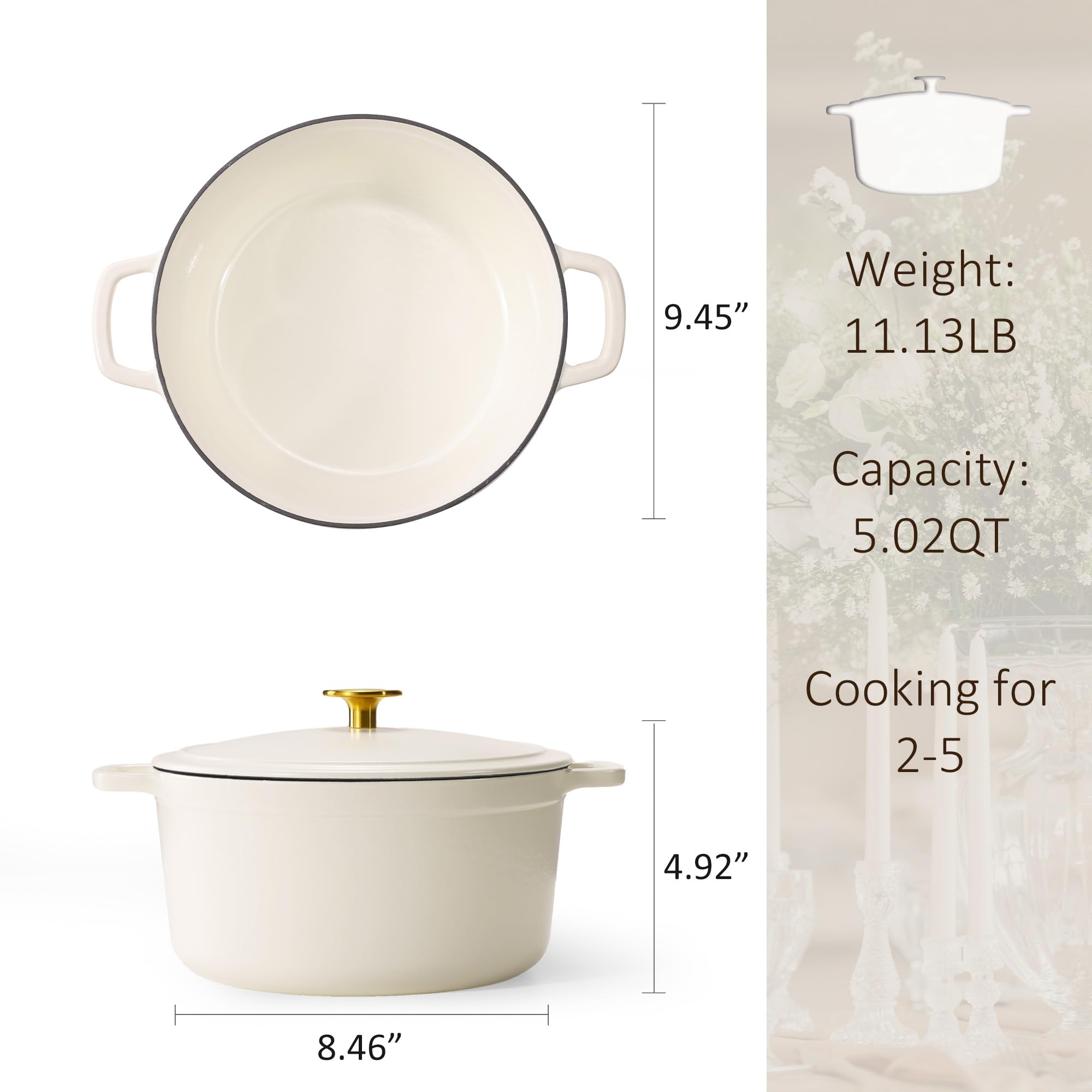 Foto 3 pulgar | Olla Carote de Hierro Fundido 5l con Tapa Blanca - Venta Internacional