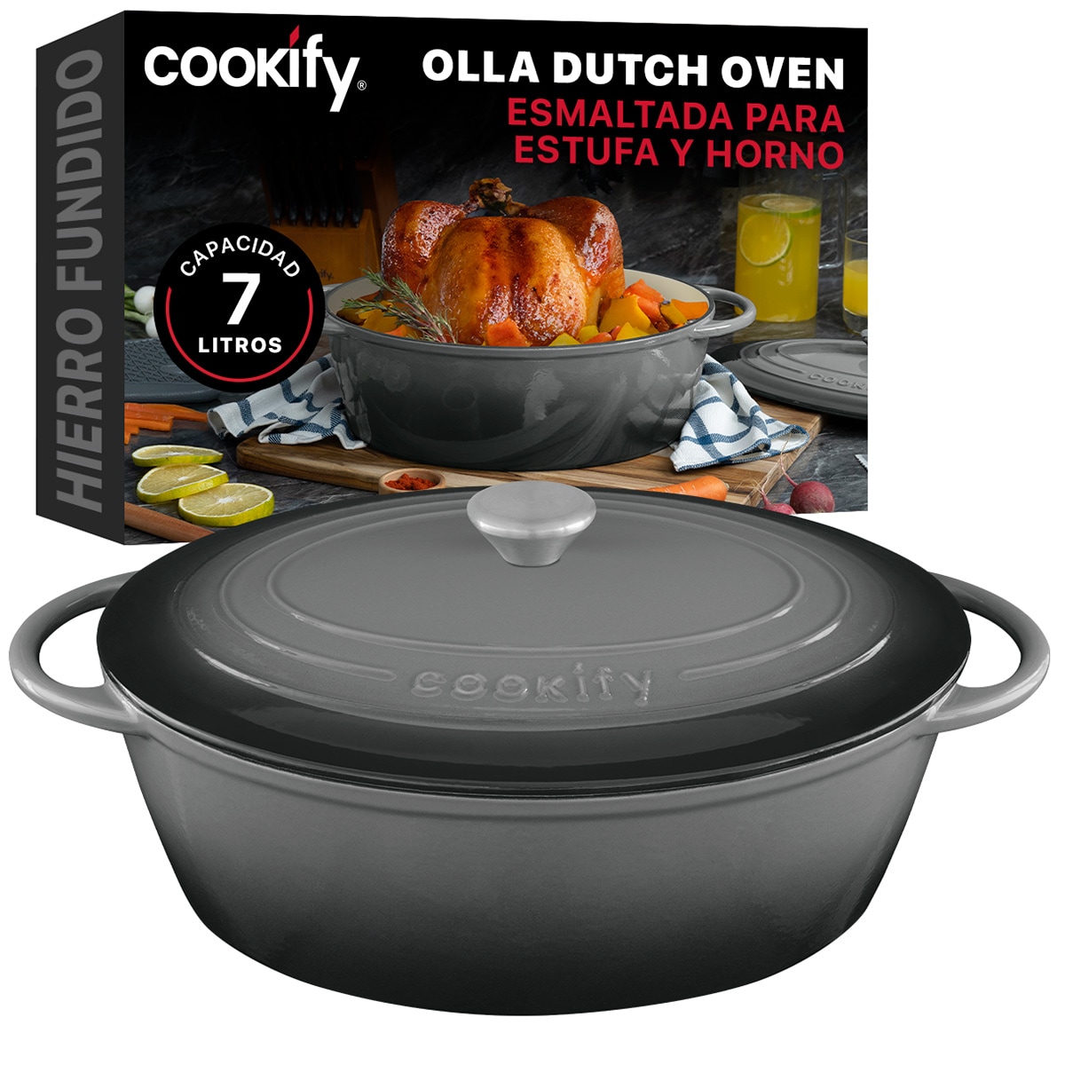 Olla De Hierro Fundido Esmaltado Cookify  Gris  7 Lts  Libre De Pfoa $1,599