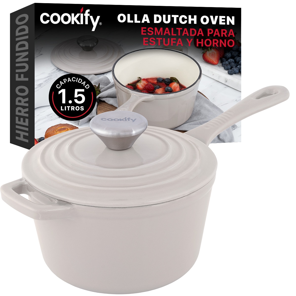 Olla De Hierro Fundido Esmaltado Cookify  Taupe  1.5 Lts  Libre De Pfoa $699