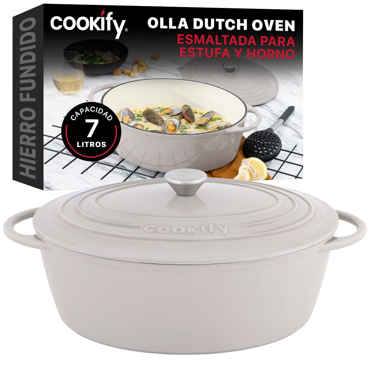 Olla De Hierro Fundido Esmaltado Cookify  Taupe  7 Lts  Libre De Pfoa $1,599