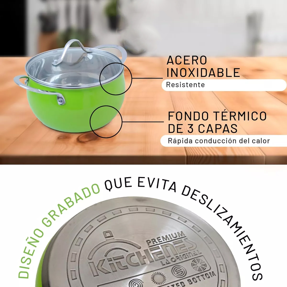 Foto 4 pulgar | Set De 8 Piezas Batería De Cocina Acero Inoxidable Kitchenes Color Verde Lima