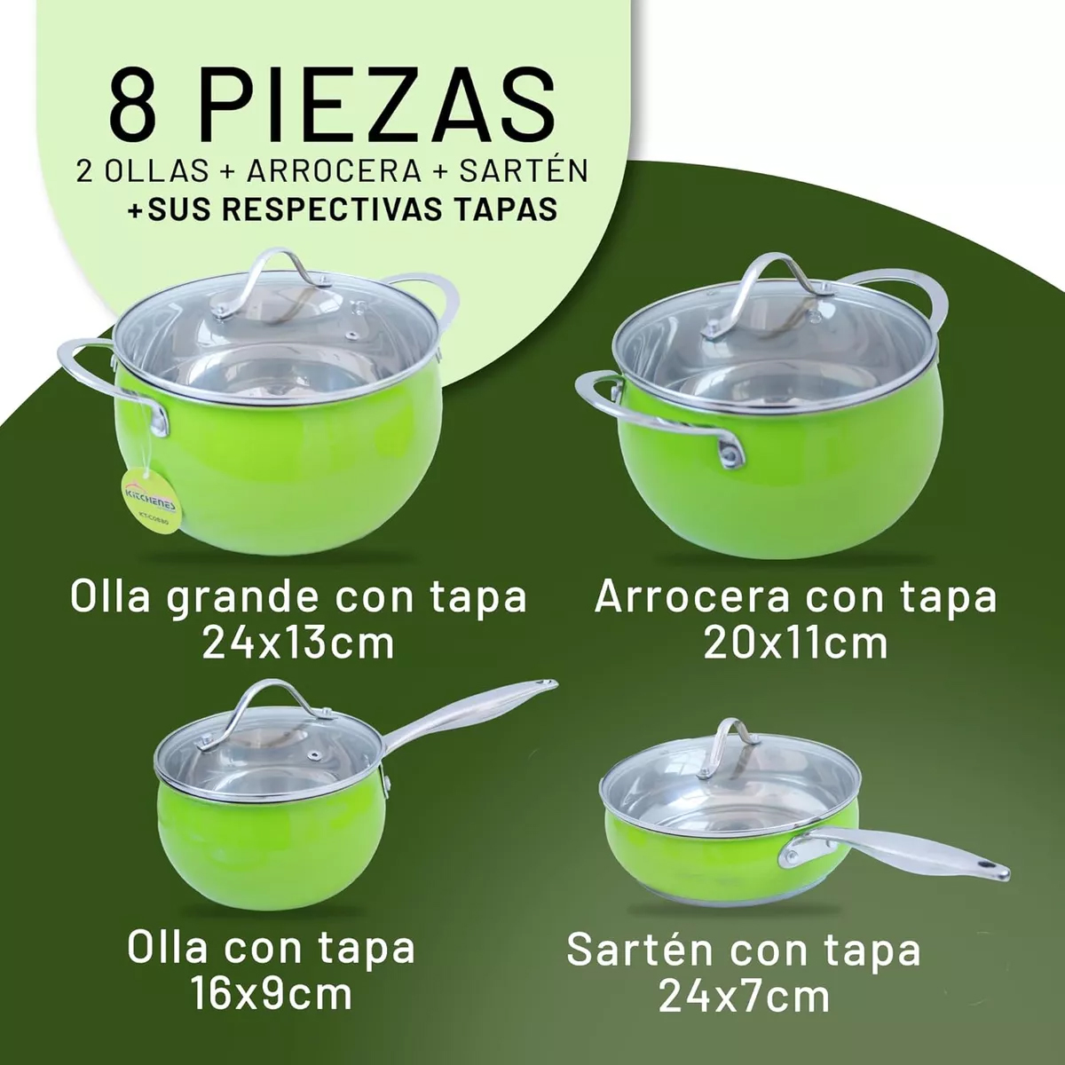 Foto 5 | Set De 8 Piezas Batería De Cocina Acero Inoxidable Kitchenes Color Verde Lima