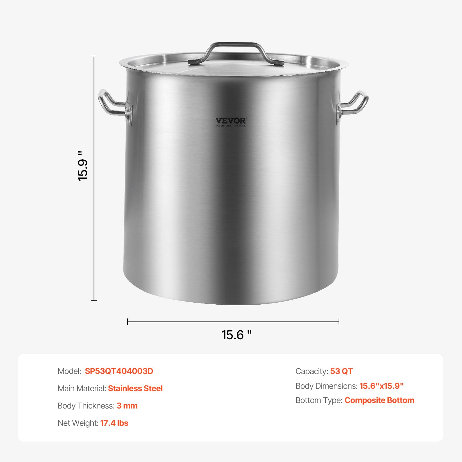 Foto 7 | Olla De Acero Inoxidable Vevor De 50,1 L Con Tapa, 53 Cuartos De Galón, Plata - Venta Internacional.
