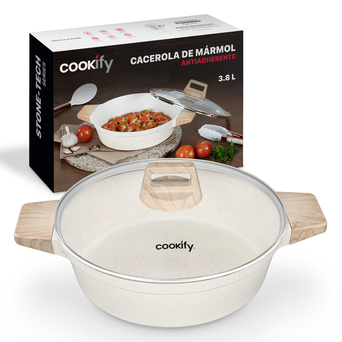 Olla Cacerola Cookify De Mármol 28 Cm Beige, Antiadherente, Libre De Pfoa