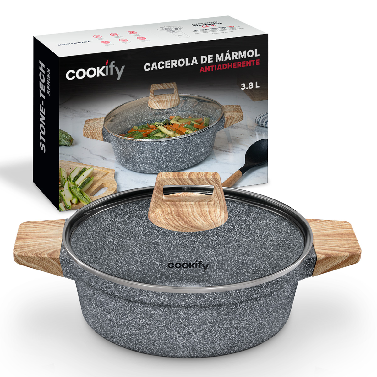 Foto 2 pulgar | Olla Cacerola Cookify De Mármol 28 Cm Gris, Antiadherente, Libre De Pfoa