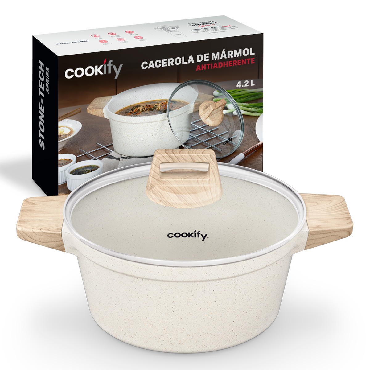 Foto 2 pulgar | Olla Cacerola Cookify De Mármol 24 Cm Beige, Antiadherente, Libre De Pfoa