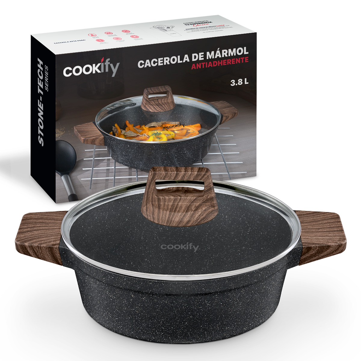 Olla Cacerola Cookify De Mármol 28 Cm Negro, Antiadherente, Libre De Pfoa