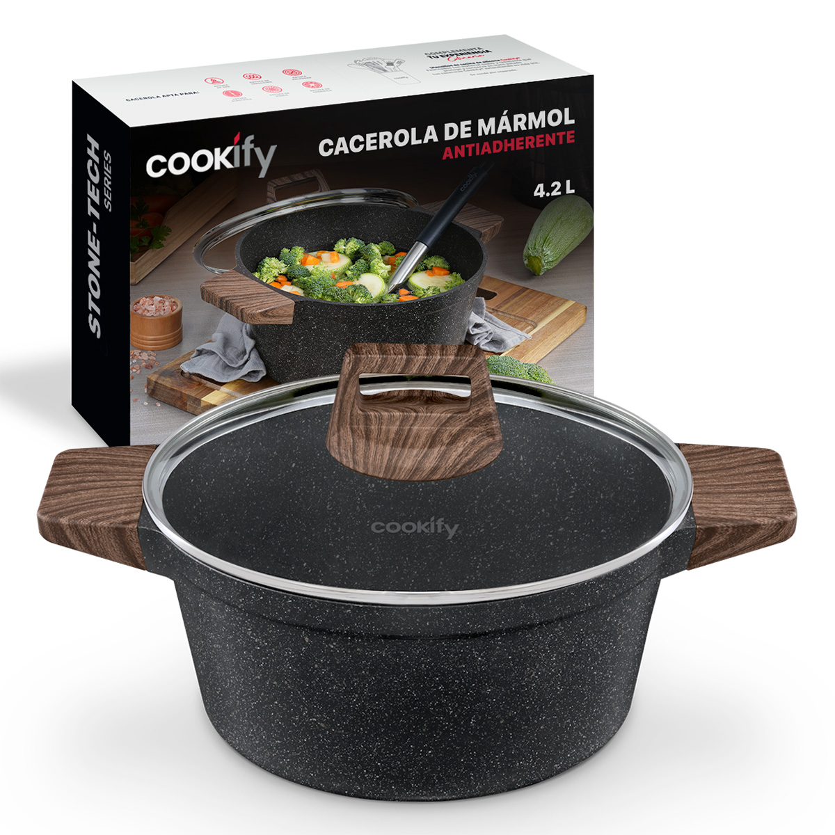 Foto 1 | Olla Cacerola Cookify De Mármol 24 Cm Negro, Antiadherente, Libre De Pfoa