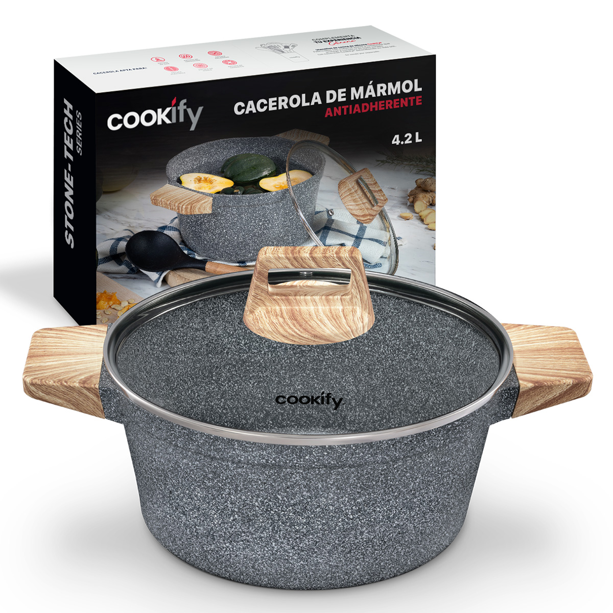 Foto 2 pulgar | Olla Cacerola Cookify De Mármol 24 Cm Gris, Antiadherente, Libre De Pfoa