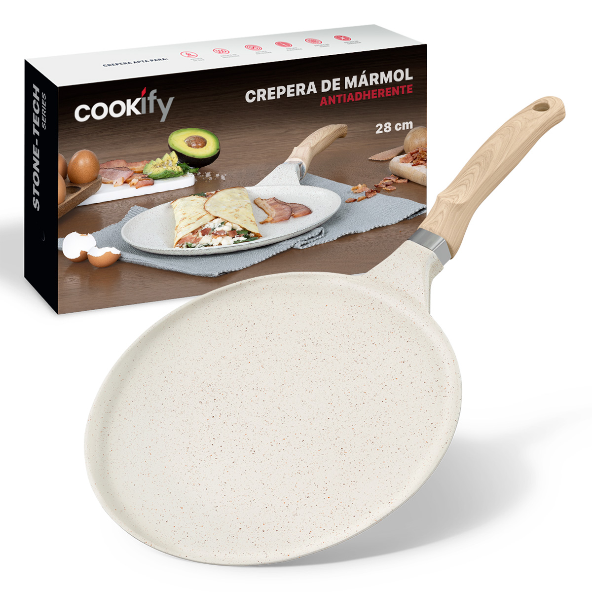 Foto 1 | Crepera Comal Cookify De Mármol 28 Cm Beige  Antiadherente  Libre De Pfoa