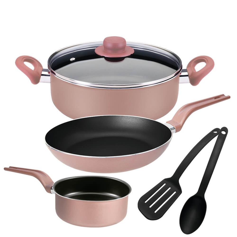 Batería de Cocina Ekco Rosa de 6 Piezas Hecha de Aluminio con Antiadherente Duraflon Pro