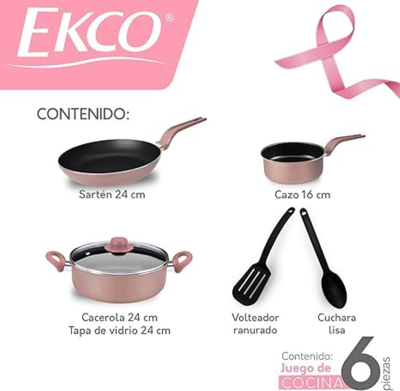 Foto 5 pulgar | Batería de Cocina Ekco Rosa de 6 Piezas Hecha de Aluminio con Antiadherente Duraflon Pro