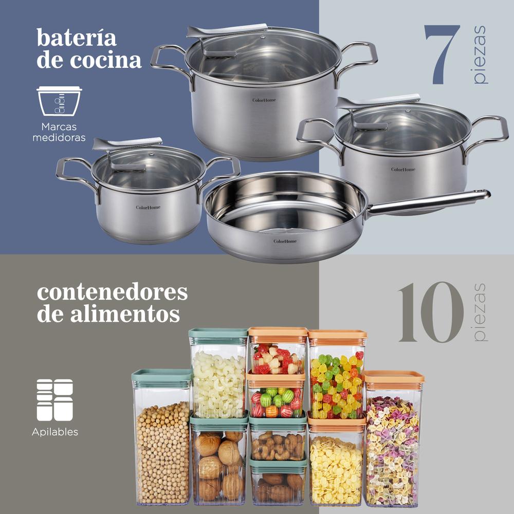 Foto 3 pulgar | Batería de Cocina ColorHome Tricapa Contenedores Herméticos 17 Piezas