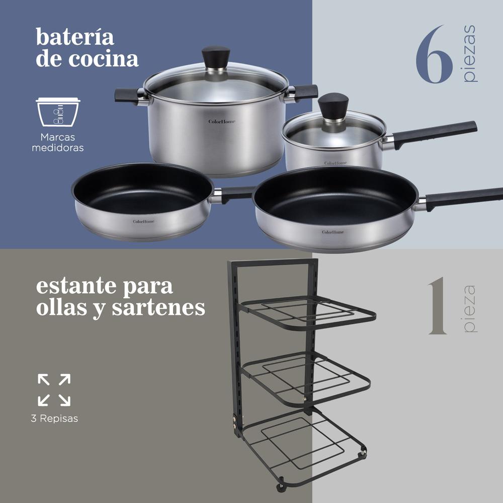 Foto 3 pulgar | Batería De Cocina Tricapa Combo Estante Ollas Sartenes ColorHome 7pzas