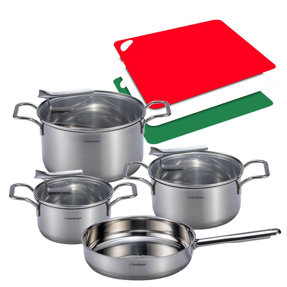 Batería De Cocina Acero Inox Combo Tablas Para Picar ColorHome 10 Pzas