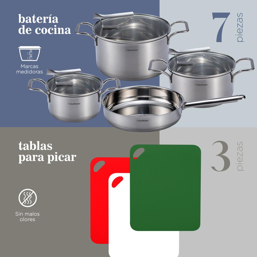 Foto 3 pulgar | Batería De Cocina Acero Inox Combo Tablas Para Picar ColorHome 10 Pzas