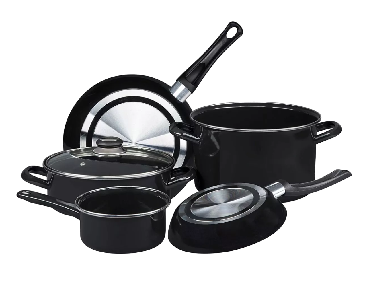 Batería de Cocina de Aluminio con Antiadherente 6 Piezas Negro con Tapa de Vidrio