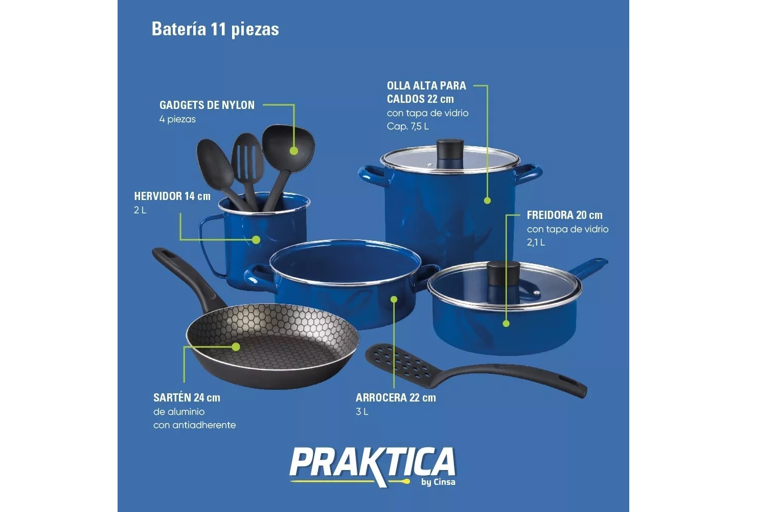 Foto 4 pulgar | Batería de Cocina Cinsa Praktica color Azul de 11 Piezas