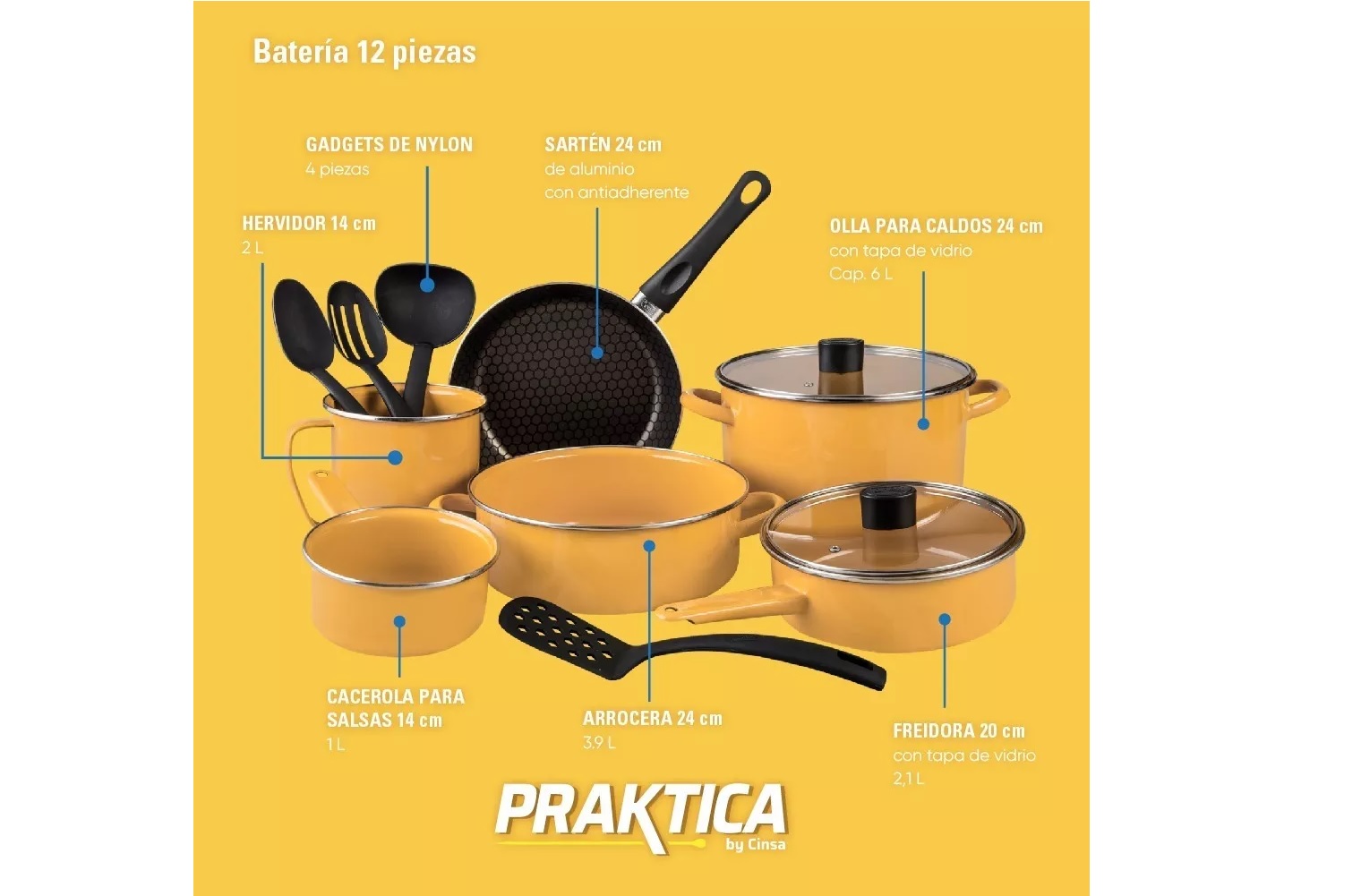 Foto 3 pulgar | Batería de Cocina Cinsa Praktica color Amarillo 12 Piezas