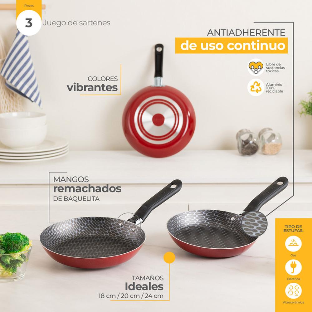 Foto 4 | Sartenes 3 Pack Ekco Classic con Antiadherente Duraflon color Rojo