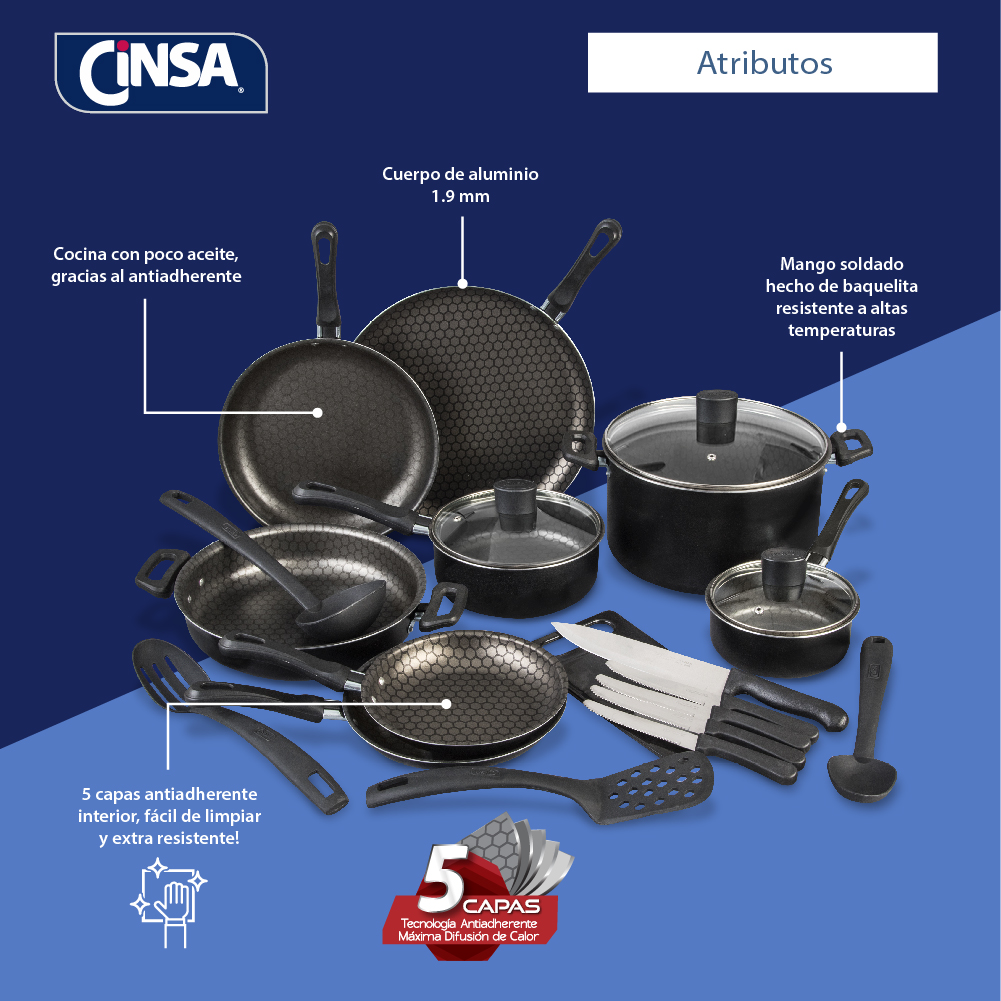 Foto 4 pulgar | Batería de Cocina Cinsa Negra de Aluminio 21 Piezas