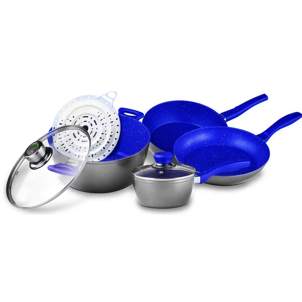 Batería De Cocina Flavorstone Con Sartenes, Cacerola Y Vaporera Grande System Set Color Azul Con 7 Piezas