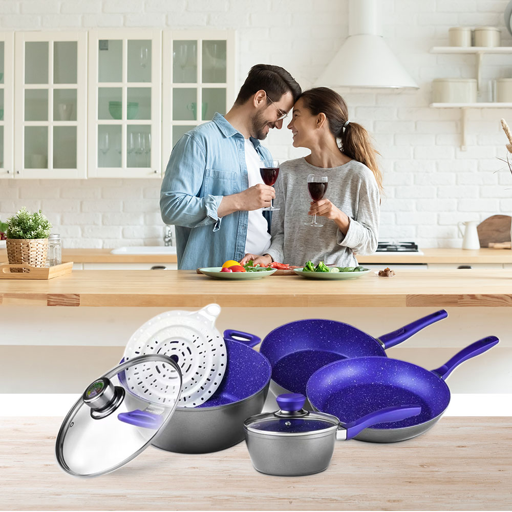 Foto 4 pulgar | Batería De Cocina Flavorstone Con Sartenes, Cacerola Y Vaporera Grande System Set Color Azul Con 7 Piezas