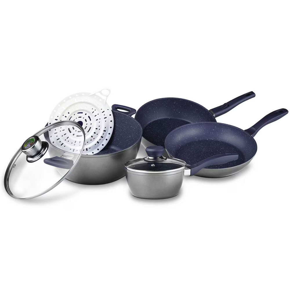 Batería De Cocina Flavorstone Con Sartenes, Cacerola Y Vaporera Grande Set Mayan Blue De 7 Piezas