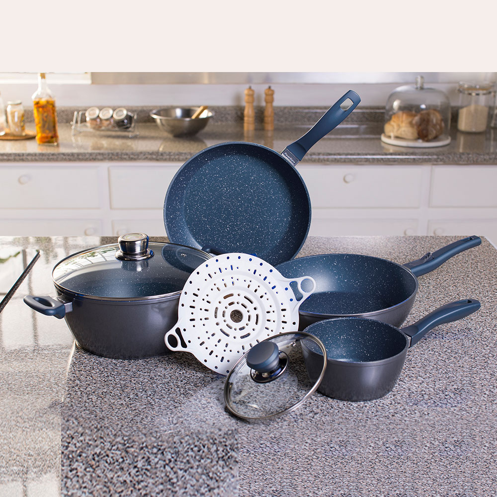 Foto 4 | Batería De Cocina Flavorstone Con Sartenes, Cacerola Y Vaporera Grande Set Mayan Blue De 7 Piezas