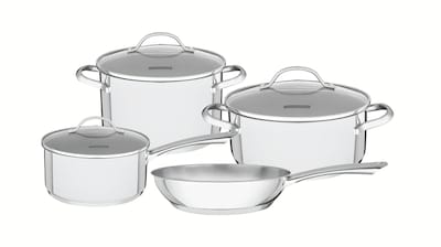 Foto 1 | Batería De Cocina Una De Acero Inoxidable Con Fondo Triple Y Tapas De Vidrio 4 Piezas Tramontina
