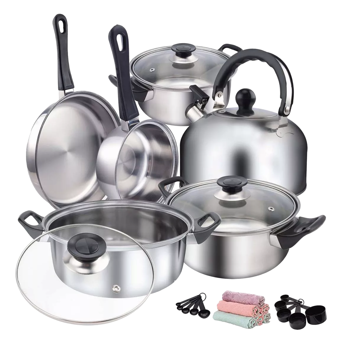 Batería de Cocina Cacerolas y Sarten 21 Pzs Acero Inoxidable Plata