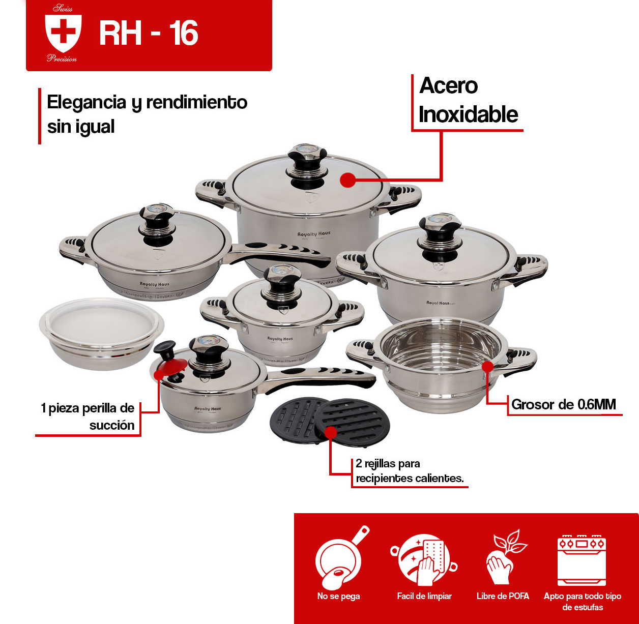 Foto 5 pulgar | Batería De Cocina Royal Haus Rh-16 De Acero Inoxidable Antiadherente Combinado 16 Piezas