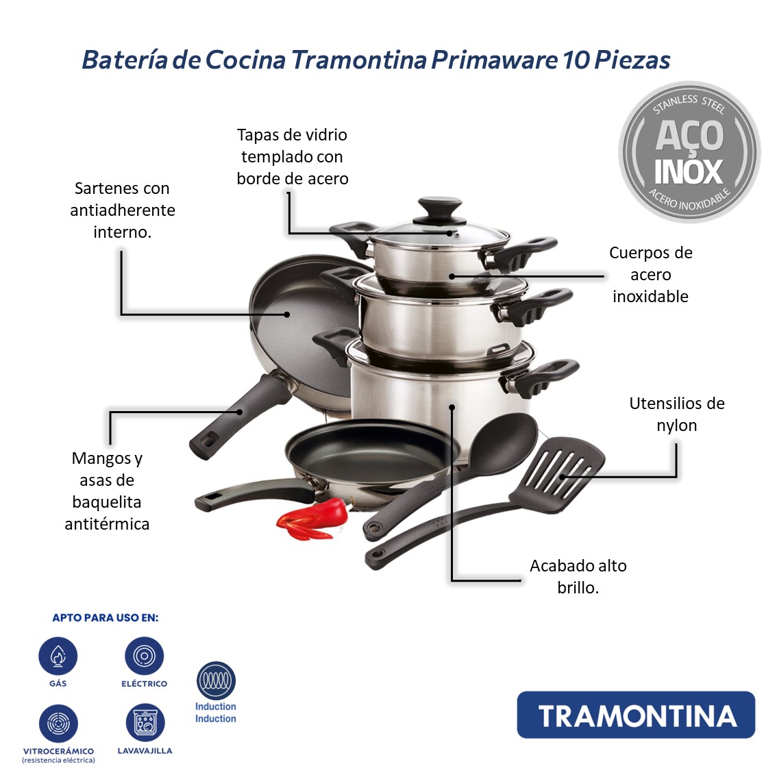 Foto 7 | Batería de Cocina Tramontina de Acero Inoxidable 10 Piezas