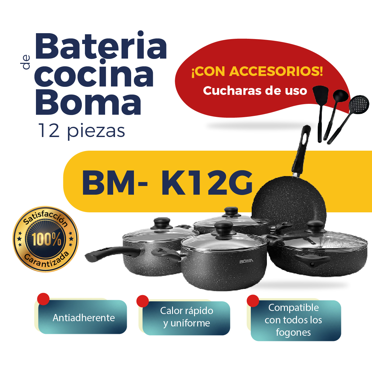 Foto 7 pulgar | Batería De Cocina Boma 12 Piezas Ergonómico Antiadherente De Alta Calidad Bm-k12g