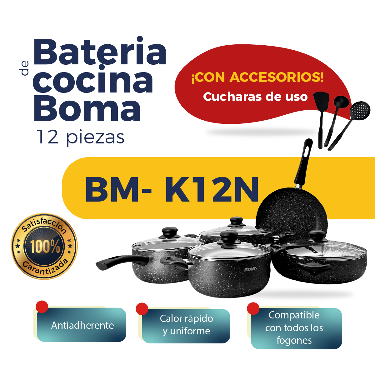 Foto 7 pulgar | Batería De Cocina Boma 12 Piezas Ergonómico Antiadherente De Alta Calidad Bm-k12n