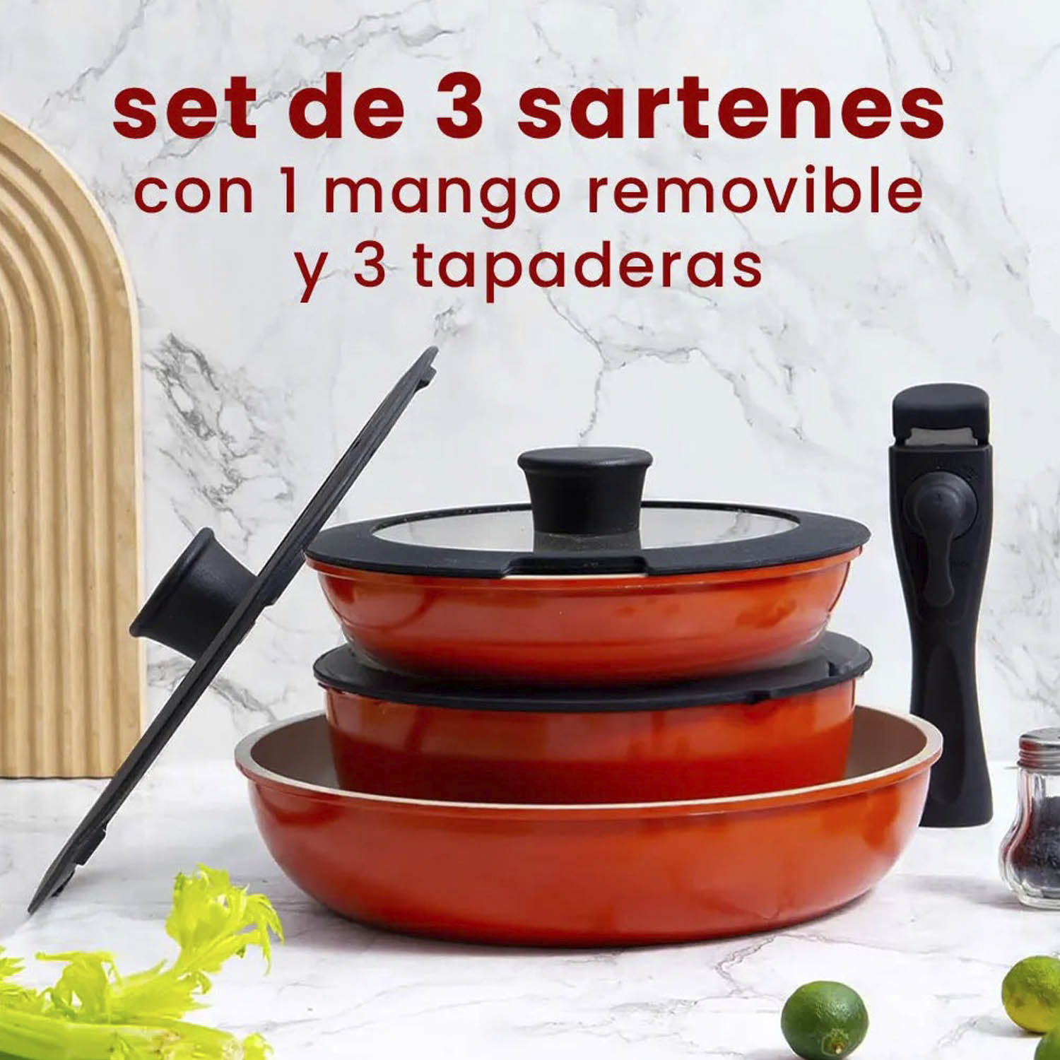 Foto 3 pulgar | Set De 3 Sartenes Antiadherente Con Mango Removible Y Tapa