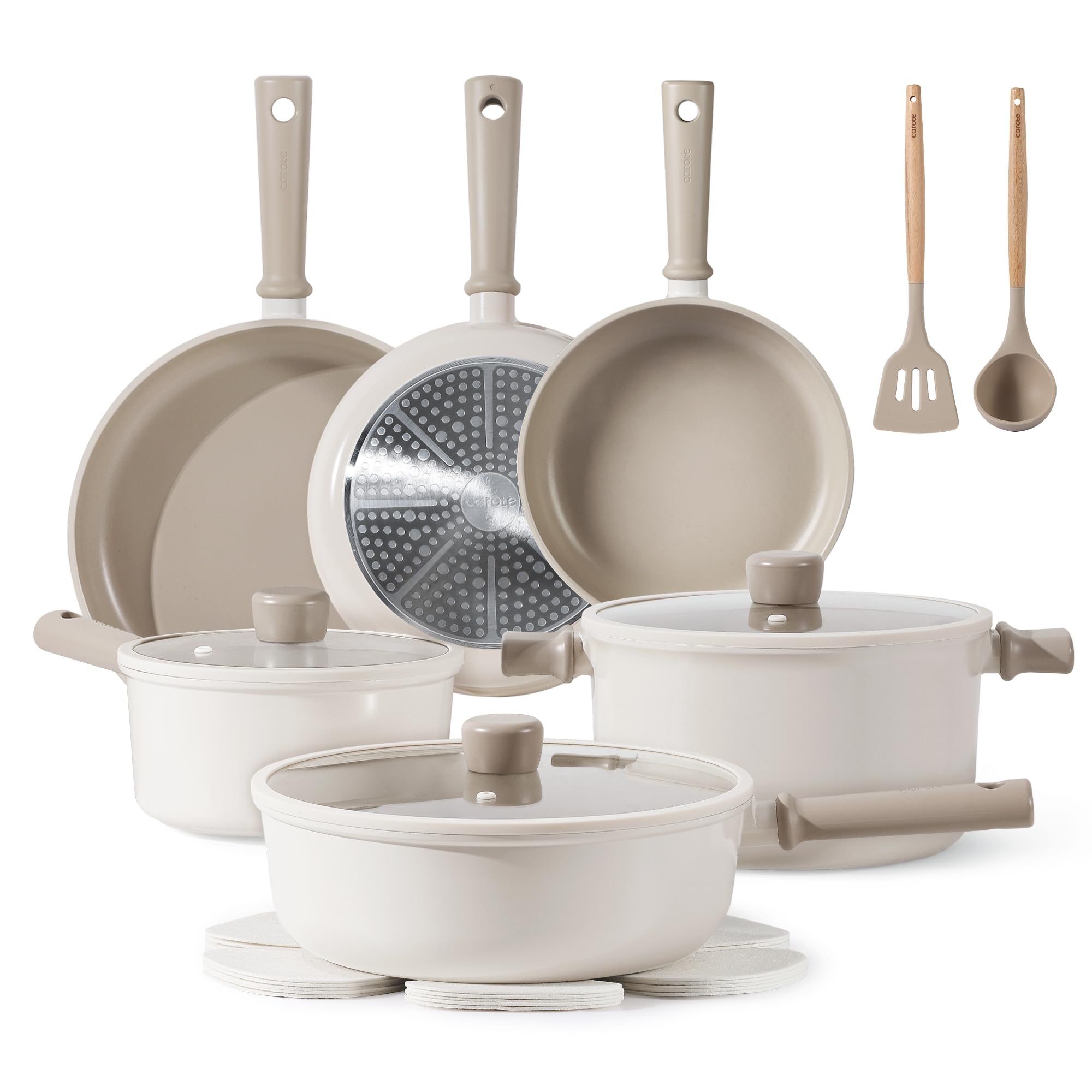 Juego De Utensilios De Cocina Carote, Antiadherentes, Para Inducción, 16 Piezas, Beige Y Marrón - Venta Internacional.