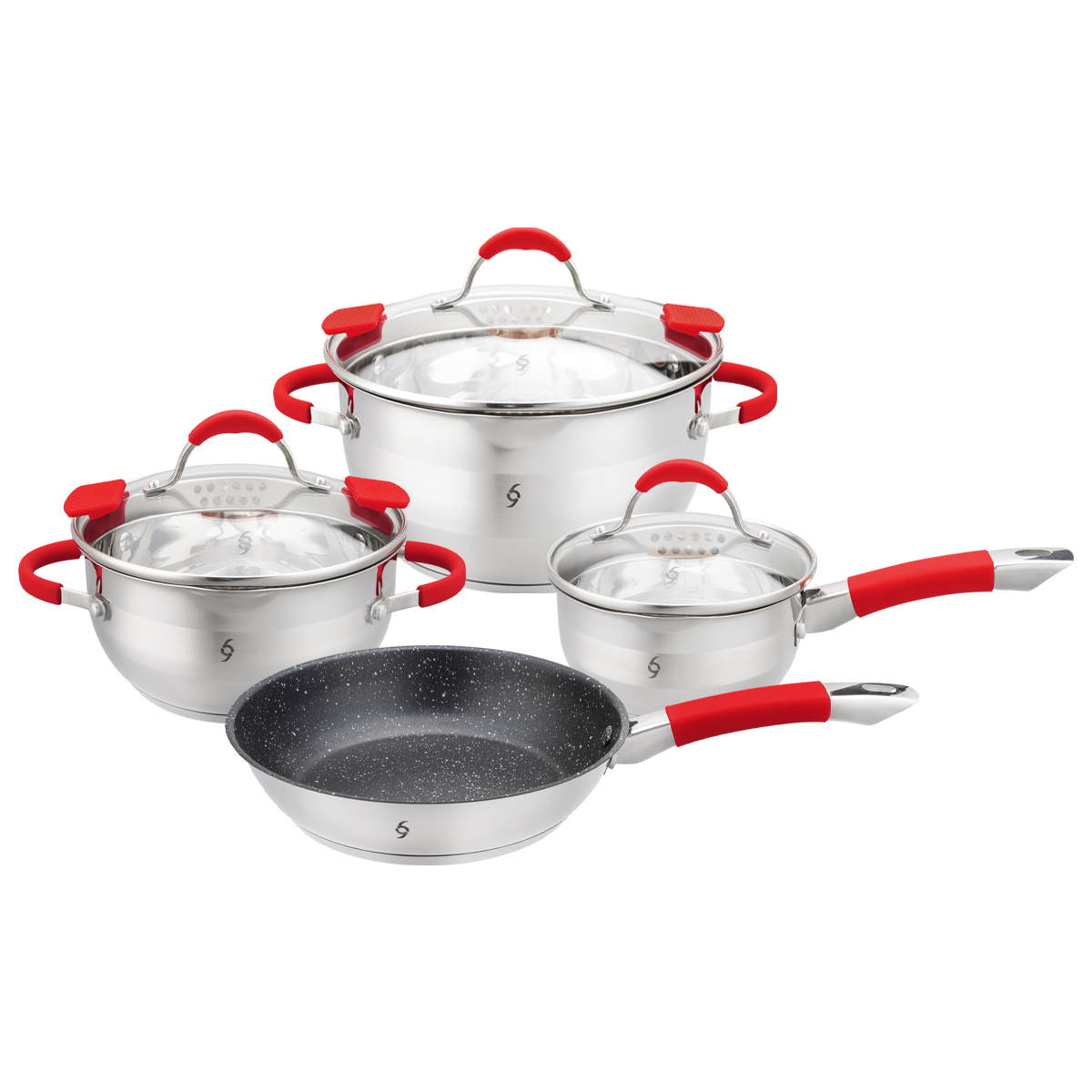 Bogner Juego De Batería De Cocina 7 Pzs En Acero Inox Apilable Con Tapas De Vidrio Y Agarraderas De Silicón Co